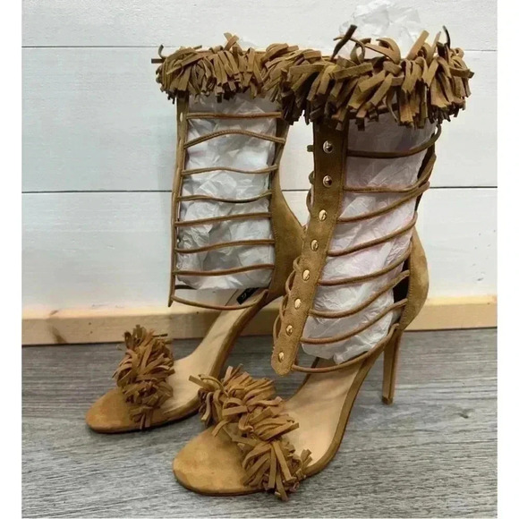 *NEW* Alejandra G. Heels - Size 40 (US‎ 9) Suede Fringe Tan High Heel Sandal - Picture 2 of 15